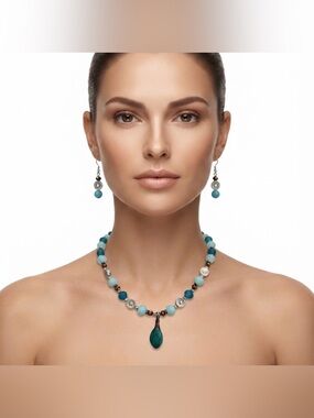 EMBERLY Turquoise Beaded Pendant Necklace and Earrings Set